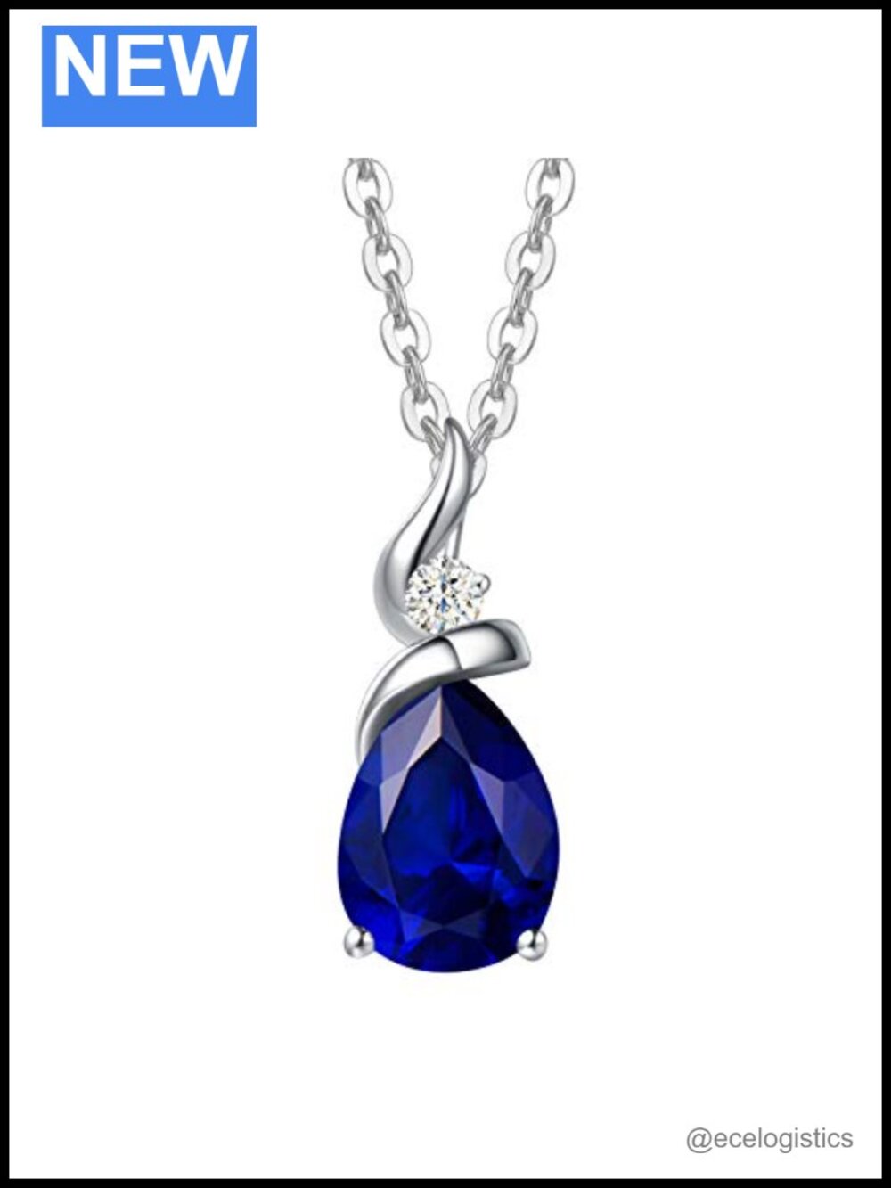 14K Solid White Gold Sapphire Pendant Necklace Lab Diamond Teardrop